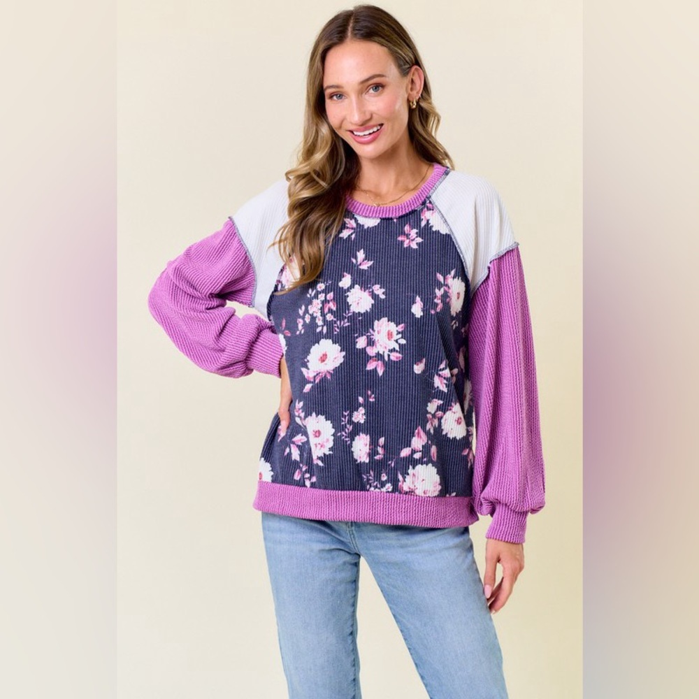 Lovely Melody Purple & Navy Floral Long Sleeve Top
